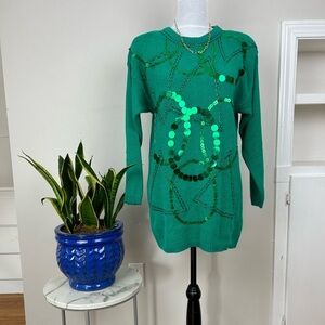 VINTAGE Embellished Bedazzled Beaded Green Tunic Sweater Dress 80’s